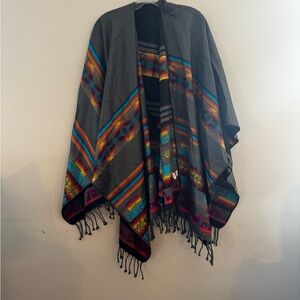 Colorful Striped Poncho with Fringe